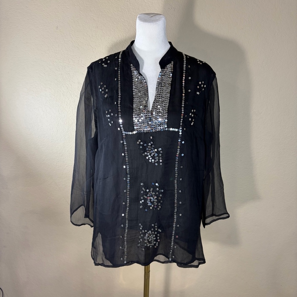 VTG Edwards 100% Silk Tunic Embelish Black Sheer W/Lining VNeck Sz XL Grunge
